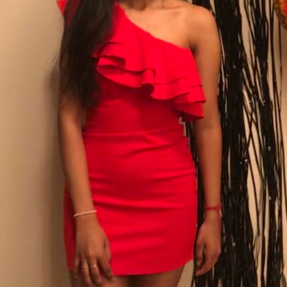 Red Ruffled One-Shoulder Bodycon Dress Small S - Picture 2 of 2